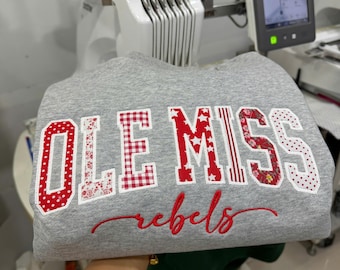 Custom College Applique Sweatshirt, Personalized School Team Crewneck, Patchwork Embroidered Varsity Sweatshirt Gift