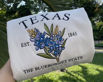 Besticktes Texas Bluebonnet Sweatshirt | Benutzerdefinierte US Zustand Blumen Stickerei Rundhals | Texas Est 1845 Geschenk Shirt