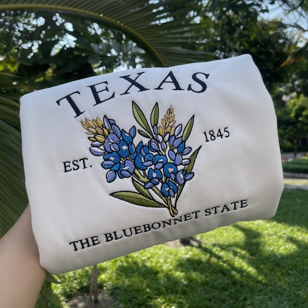 Besticktes Texas Bluebonnet Sweatshirt | Benutzerdefinierte US Zustand Blumen Stickerei Rundhals | Texas Est 1845 Geschenk Shirt