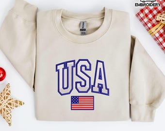 USA Embroidered Sweatshirt – American Flag Crewneck – Patriotic Gildan Unisex 4th of July Shirt – USA Pride Pullover Gift