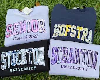 Custom College Embroidered Sweatshirt, Personalized Varsity Applique Crewneck, Floral Gingham University Pullover, School Spirit Gift