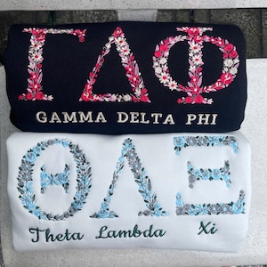 Floral Greek Letter Embroidered Sweatshirt – Custom Sorority Crewneck – Personalized Greek Apparel – Big Little Gift – Embroidery Sorority