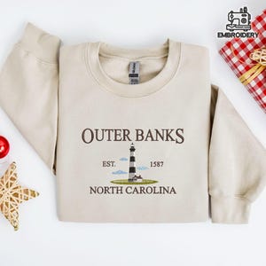 Outer Banks North Carolina Sweatshirt – Embroidered Lighthouse Crewneck – Coastal OBX Est. 1587 Pullover