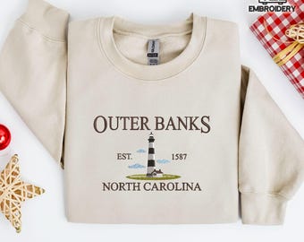 Outer Banks North Carolina Sweatshirt – Embroidered Lighthouse Crewneck – Coastal OBX Est. 1587 Pullover