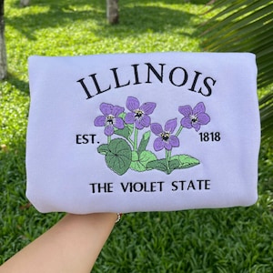 Embroidered Illinois Violet State Sweatshirt | Custom US State Flowers Embroidery Crewneck | Illinois Est 1818 State Gift Shirt image 1