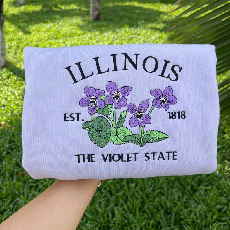 Embroidered Illinois Violet State Sweatshirt | Custom US State Flowers Embroidery Crewneck | Illinois Est 1818 State Gift Shirt image 1