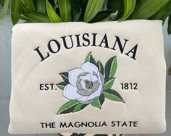 Embroidered Louisiana Magnolia State Sweatshirt | Custom US State Flowers Embroidery Crewneck | Louisiana Est 1812 State Gift Shirt