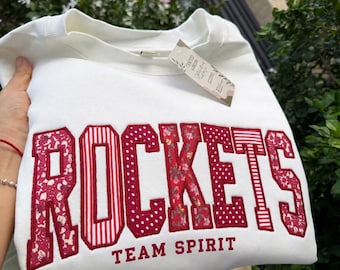 Custom Applique Sweatshirt – Personalized Varsity Letter Crewneck – Gingham Floral Polka Dot Patchwork Name Gift for College Style