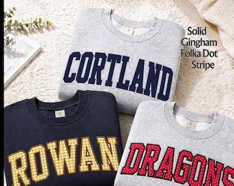 Embroidered Custom Varsity Letter Sweatshirt, University Gingham Applique Tee, Custom College Patchwork Shirt, Game Day Outfit, Custom Gift