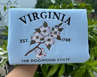 Sudadera con bordado de Virginia Dogwood / Cuello redondo con bordado de flores estatales de EE. UU. / Suéter Virginia 1788 / Camisa de regalo del estado de Virginia