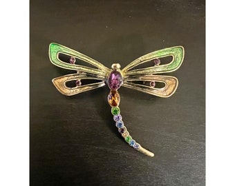 VTG Signed MONET Dragonfly Brooch Pin Multi Color Rhinestone Guilloche Enamel