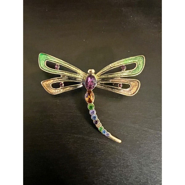 VTG Signed MONET Dragonfly Brooch Pin Multi Color Rhinestone Guilloche Enamel