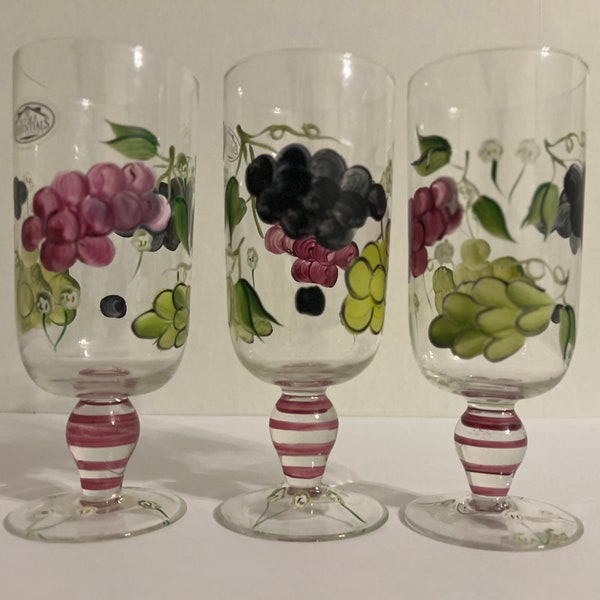 3 Home Essentials Hand Painted Grapes 20 oz Ice Tea or Water Glasses