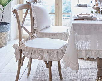 Natural Stonewashed Linen Seat Cushion Cover, White Chair Cover with Ruffle, Custom Size Available, 18 Color Options, Elegant Home Decor