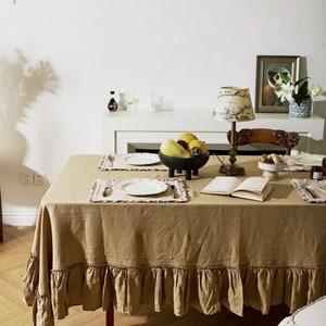 Sand  Color Cotton Tablecloth Elegant Minimalist Design with Ruffled Edge, Soft White Neutral Color,  Contemporary Home Decor