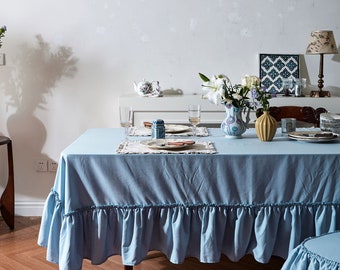 Light Blue Ruffled Edge Tablecloth Minimalist Cozy Home Style Elegant Dining Decor Chic Table Setting Contemporary Dining Accessory