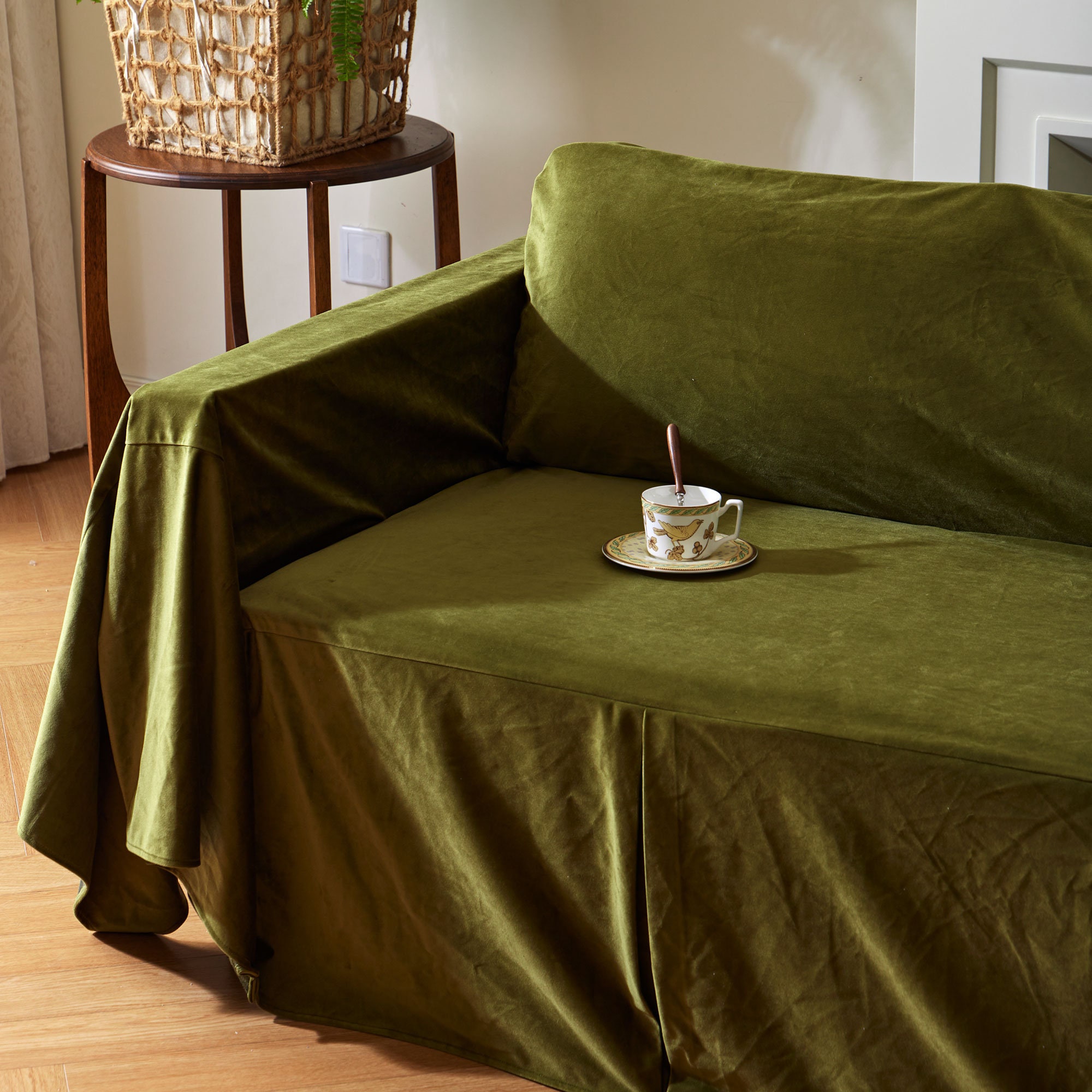 Juniper Green Velvet Sofa Cover, Plush Couch Throw Cover, Custom Size ...