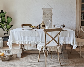 Ruffled Linen Blend Tablecloth Custom Size Wedding Tablecloth Party Table Decor Elegant Dining Tablecloth Handmade Stonewashed Tablecloth