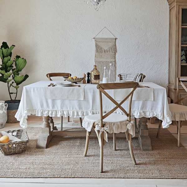 Nappe à volants en mélange de lin, taille personnalisée, nappe de mariage, décoration de table de fête, nappe de salle à manger élégante, nappe délavée à la main