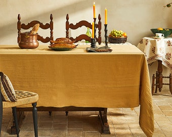 French Style Tablecloth, Solid Color Table Cover in Ginger Yellow and Dark Red, Custom Size Table Linen, Dining Table Decor, Table Setting