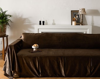 Chocolate Brown Velvet Sofa Cover, Couch Throw Cover, Soft Plush Custom Size