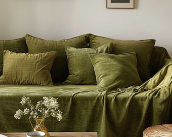 Olive Green Velvet Sofa Cover, Couch Throw Cover, Soft Plush Custom Size