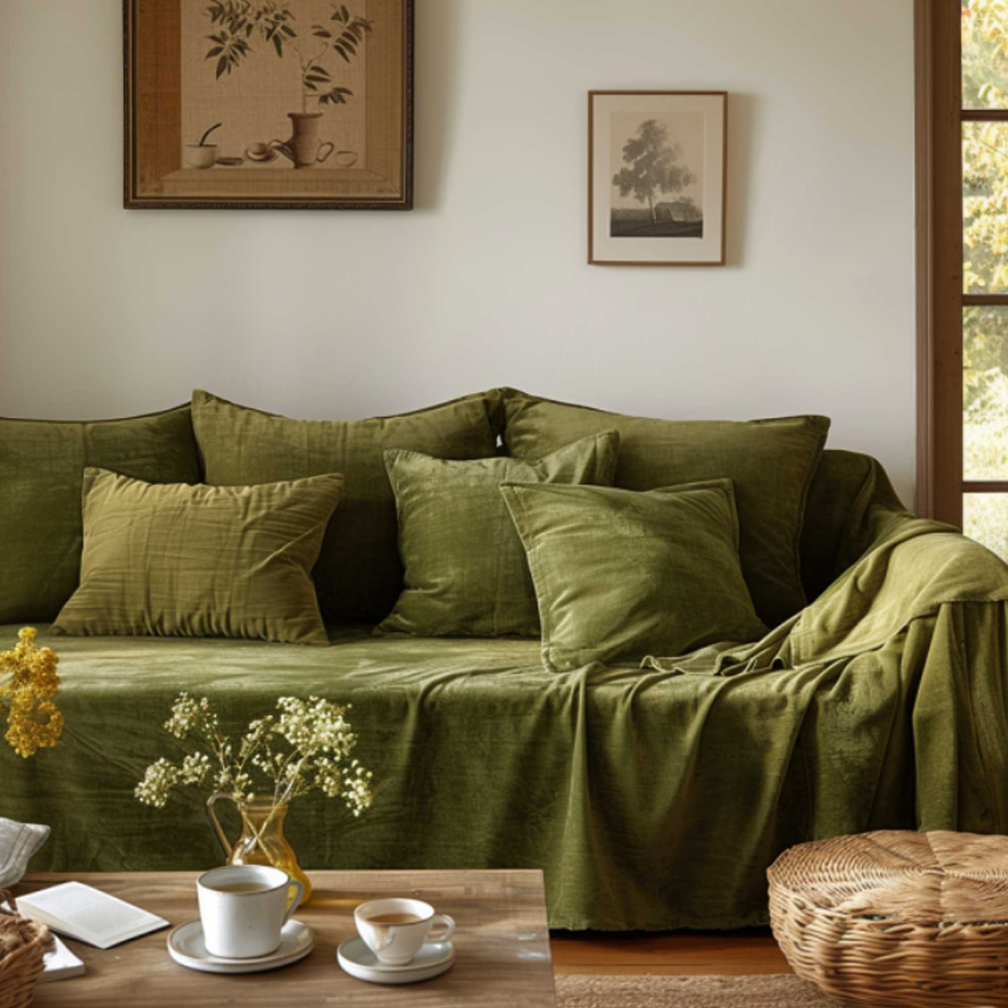Olive Green Velvet Sofa Cover, Couch Throw Cover, Soft Plush