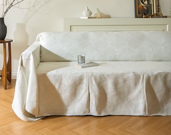 Ivory Jacquard Sofa Cover, Couch Throw Cover, Textured Protector Custom Size