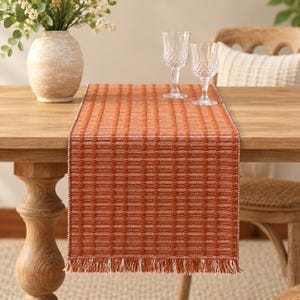 Camino de mesa reversible de algodón color óxido, decoración personalizada para Acción de Gracias, mantelería de otoño con flecos tejidos
