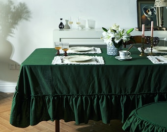 Carbon Green Elegant Tablecloth Luxury Linen Viscose Blend Ruffled Edge Sophisticated Home Decor Green Table Linen Elegant Home Styling