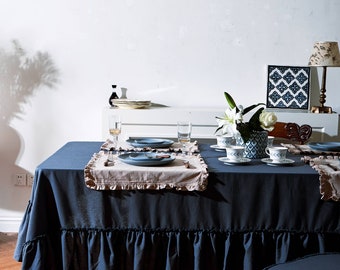 Dark Navy Blue Tablecloth Elegant Ruffled Edge Design Cosy Dining Decor Chic Home Accessory Stylish Party Decor