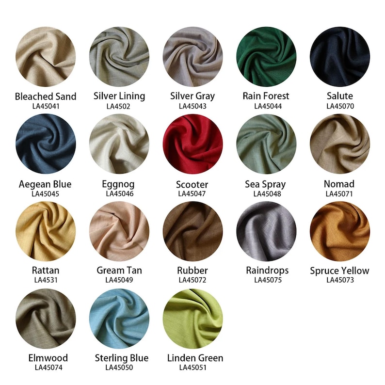 Puede incluir: Una colecci&oacute;n de muestras de tela en varios colores, incluyendo beige, gris, verde y azul. Cada muestra est&aacute; etiquetada con un nombre de color y un c&oacute;digo de producto. Las muestras est&aacute;n dispuestas en un patr&oacute;n de cuadr&iacute;cula.