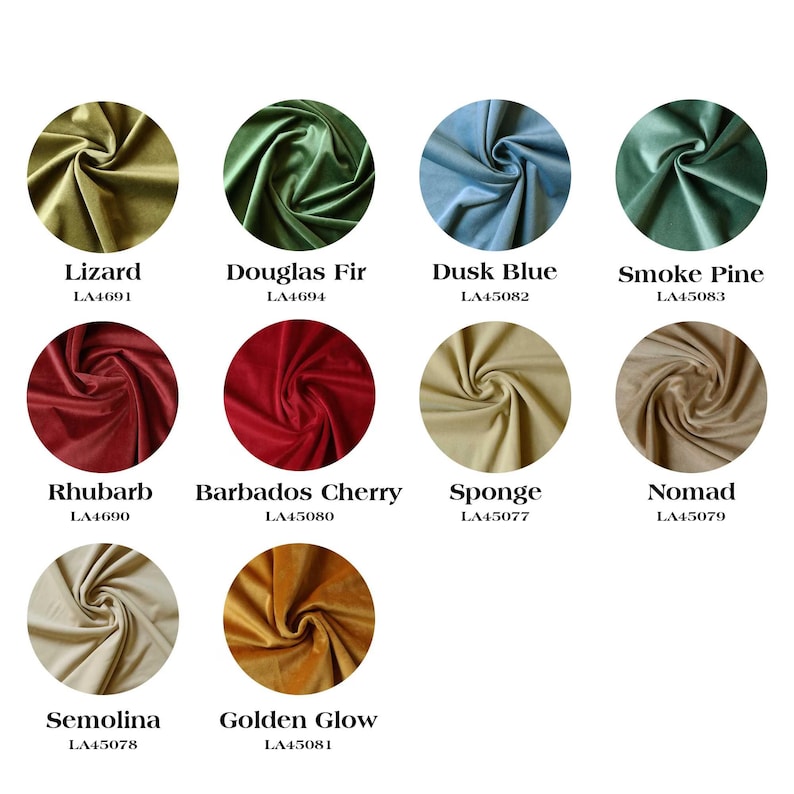 May include: A collection of 10 fabric swatches in various colors and textures, including green, blue, red, beige, and yellow. Each swatch is labeled with a name and a code, such as "Lizard LA4691" and "Golden Glow LA45081".