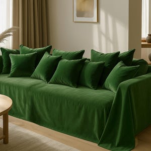 Green Velvet Sofa Cover, Handmade Couch Cover, Minimalist Modern Sofa Throw,Custom Size Available, Pet-Friendly Sofa Protector, Gift for Her