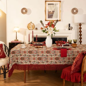 Retro Floral Jacquard Table cloth with Tassels,  Custom Dining Room Decor, Festive Design, Durable Fabric, Wedding and housewarming Gift