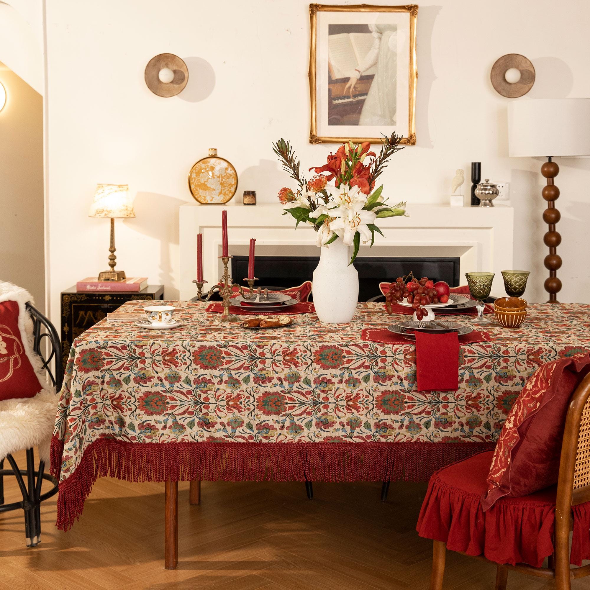 Retro Floral Jacquard Table cloth with Tassels,  Custom Dining Room Decor, Festive Design, Durable Fabric, Wedding and housewarming Gift
