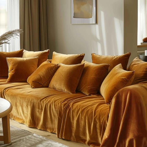 Gold Velvet Sofa Cover, Custom Couch Slipcover Throw, Plush Sofa Protector for Living Room