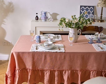 Elegant Light Pink Tablecloth Ruffled Edge Linen-Viscose Blend Trendy Home Decor Wedding Reception Table Linen Party Decorations