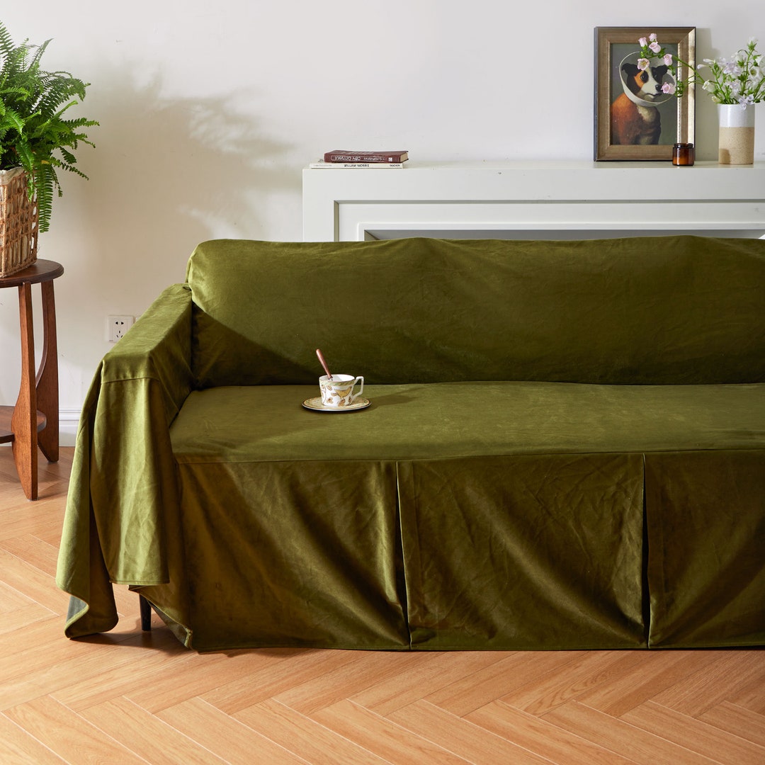 Juniper Green Velvet Sofa Cover, Plush Couch Throw Cover, Custom Size ...