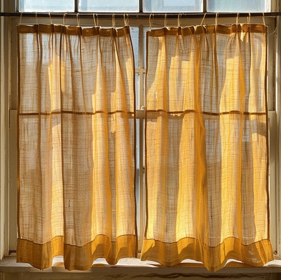 Linen Cafe Curtains, Light Filtering Kitchen Window Panels, Custom Rustic Drapes
