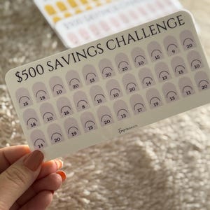 Op de afbeelding: Een spaaruitdagingskaart met de tekst "$500 SAVINGS CHALLENGE" in het zwart. De kaart heeft een lichtbeige achtergrond met rijen boogvormen, elk met een nummer erin. De kaart wordt door een persoon vastgehouden.