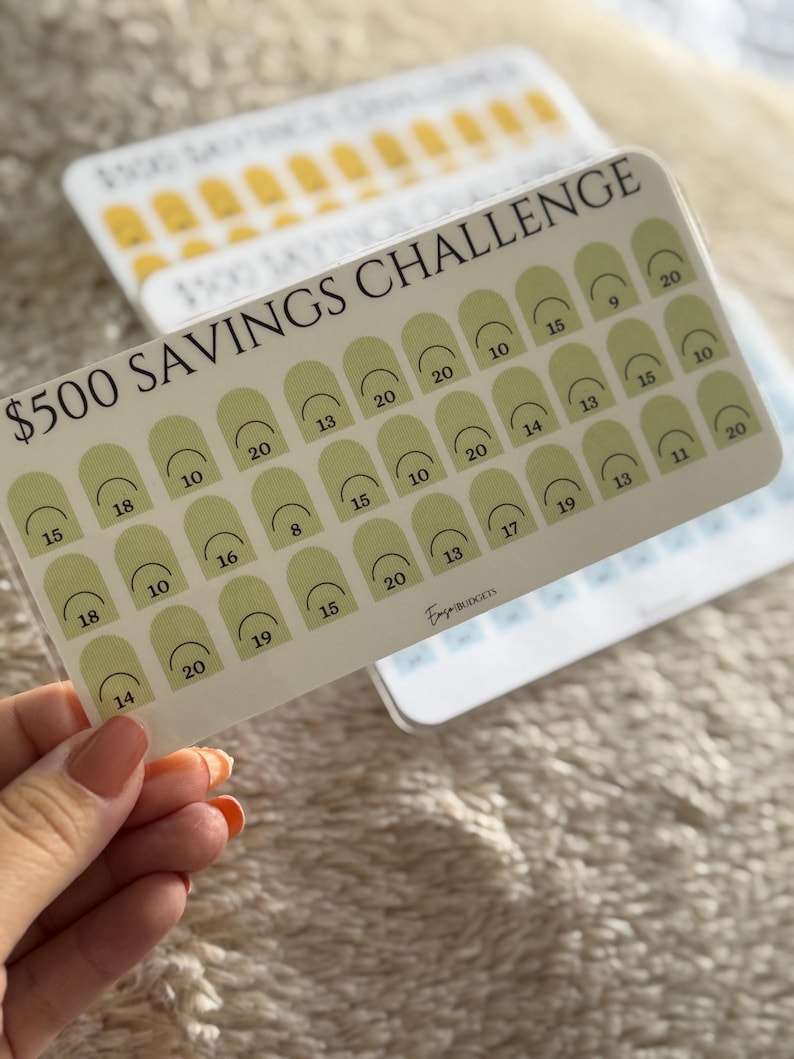 Op de afbeelding: Een witte spaarchallengekaart met de tekst "$500 SAVINGS CHALLENGE" in het zwart. De kaart heeft een raster van groene vormen met daarin cijfers. De kaart wordt door een persoon vastgehouden.