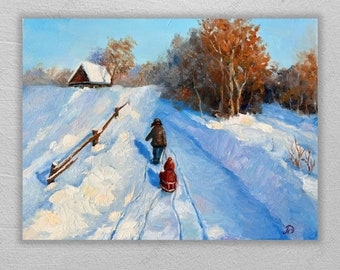 Original oil painting Winter scene with children Sledge Russian landscape Impressionism landscape Snow Painting Cityscape Art Сhildhood