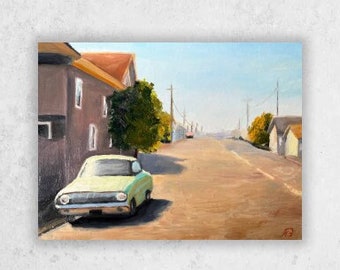 Original oil painting Retro car California USA American painting Cityscape Street painting Streetscape art Automobile old car painting