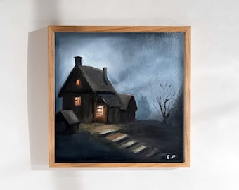 Original oil painting, tiny 5x5, moody painting with little house, moonlight, dark oil painting, vintage oil painting, moody landscape
