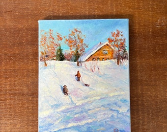 Winter scene with children Original oil painting Sledge Russian landscape Impressionism landscape Snow Painting Cityscape Art Сhildhood