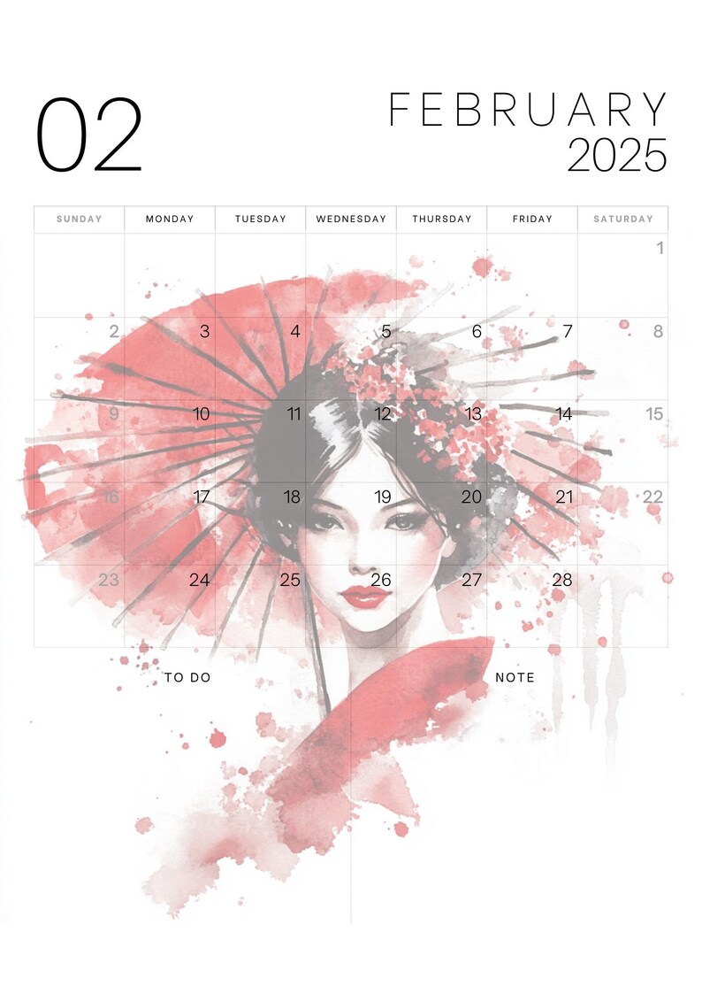 Geisha Monthly Calendar 12 Months 2025 PNG High Quality Etsy