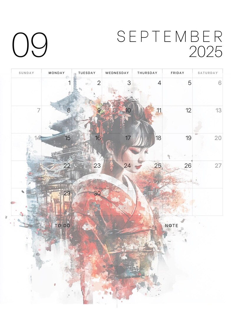 Geisha Monthly Calendar 12 Months 2025 PNG High Quality Etsy