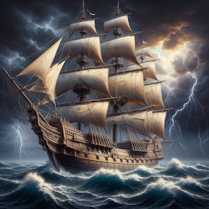 Puede incluir: Un gran barco de vela de madera con múltiples velas, navegando por un mar tormentoso con rayos en el fondo.