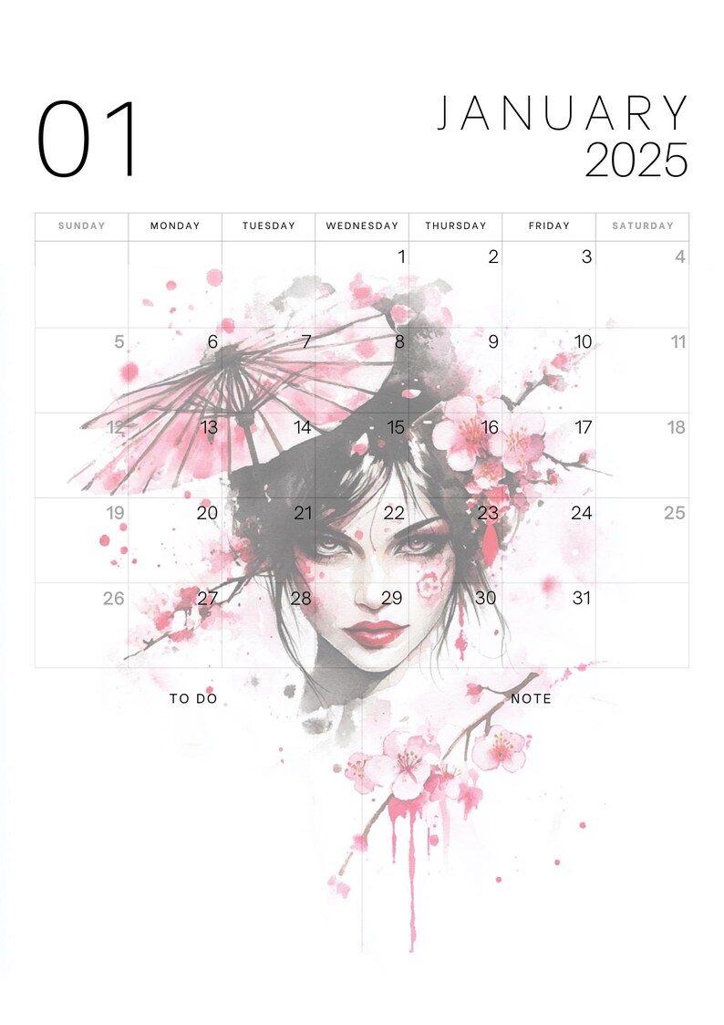 Geisha Monthly Calendar 12 Months 2025 PNG High Quality Etsy